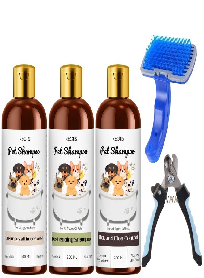 مجموعة شامبو ريجيس للحيوانات الأليفة للكلاب، 3 زجاجات سعة 200 مل لكل منها مع فرشاة تنظيف ومقص أظافر، غسول شامل، يزيل الشعر الزائد ويحمي من القراد والبراغيث - Image 1